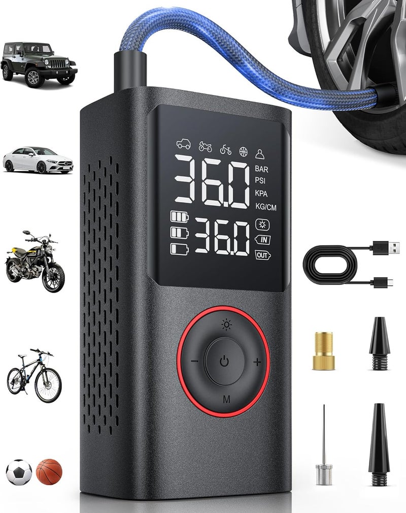 Powools Tire Inflator Portable Air Compressor, 150 PSI Cordless Bike Pump, Air Pump for Auto, Motorcycle, Bicycle, Balls with Pressure Gauge, LED Light & Car Accessories, Black, Large Capacity - Image 1